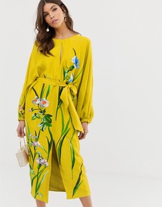 Атласное платье миди с цветочной вышивкой и поясом ASOS EDITION-Желтый