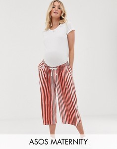 Укороченные брюки в полоску натуральной расцветки с посадкой под животом и затягивающимся шнурком ASOS DESIGN Maternity-Мульти