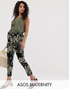 Брюки-галифе с посадкой над животом, завязкой на талии и тропическим пальмовым принтом ASOS DESIGN Maternity-Мульти