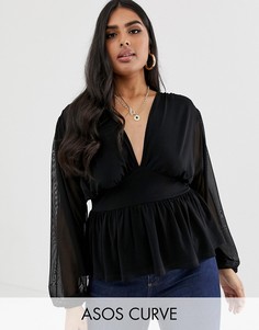 Лонгслив с пышными рукавами из сетчатой ткани ASOS DESIGN Curve-Черный