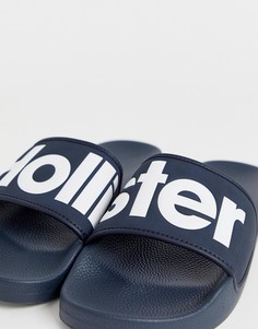 Темно-синие шлепанцы с большим логотипом Hollister-Темно-синий
