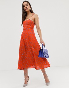 Структурированное платье миди с цветочным принтом и завязками на рукавах Fashion Union-Красный