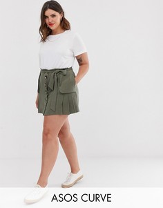 Льняная мини-юбка со складками, пуговицами и карманами ASOS DESIGN Curve-Зеленый