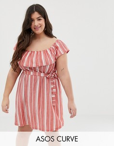 Сарафан из пике в полоску с открытыми плечами и поясом ASOS DESIGN Curve-Мульти