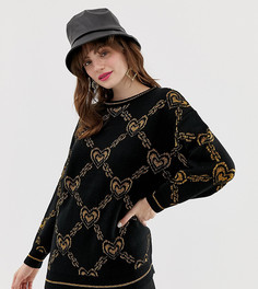 Черный oversize-джемпер с принтом золотистых цепей и сердец Monki
