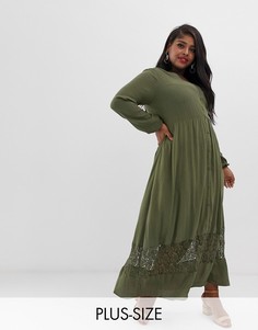 Фактурное платье макси с кружевной отделкой Junarose-Зеленый