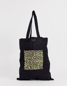 Черная сумка-тоут из органического хлопка с неоновым леопардовым принтом на вставке ASOS DESIGN-Черный