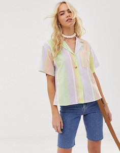 Льняная рубашка с короткими рукавами и в полоску неоновой расцветки ASOS DESIGN-Мульти