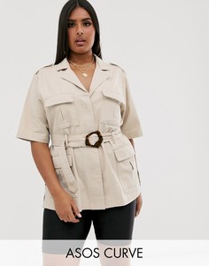 Джинсовая куртка-рубашка с поясом ASOS DESIGN Curve-Бежевый