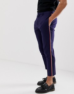 Зауженные строгие брюки с отделкой лентой Burton Menswear-Темно-синий