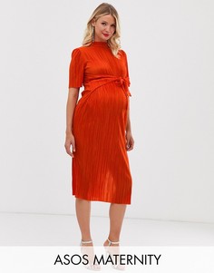 Плиссированное платье миди с узлом ASOS DESIGN Maternity-Оранжевый