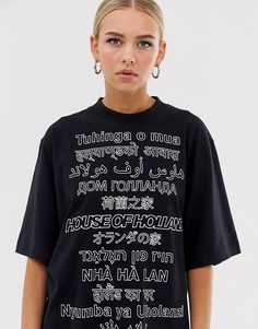 Черная oversize-футболка с надписями на разных языках House of Holland-Черный