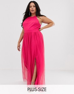 Платье макси цвета фуксии с присборенной отделкой на вороте Little Mistress Plus-Розовый