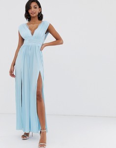 Платье макси с плиссировкой и кружевом ASOS DESIGN Premium-Синий