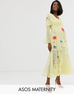 Платье макси с запахом и вышивкой ASOS DESIGN Maternity-Желтый