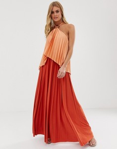 Атласное плиссированное блестящее платье макси с кроп-топом и кольцом ASOS DESIGN-Оранжевый
