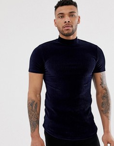 Темно-синяя велюровая обтягивающая рубашка в рубчик ASOS DESIGN-Темно-синий