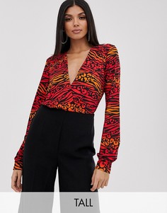 Боди с глубоким вырезом и платочным принтом Flounce London Tall-Мульти