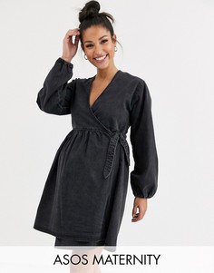 Черное свободное джинсовое платье мини с запахом ASOS DESIGN Maternity-Черный