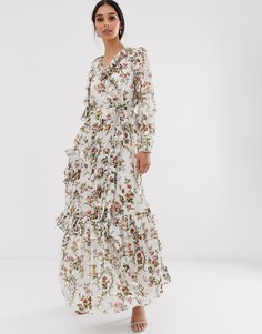 Платье макси с длинными рукавами и цветочным принтом Needle & Thread-Мульти
