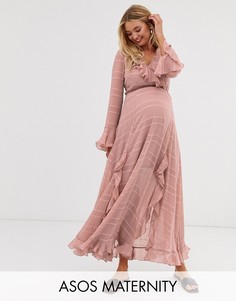 Платье с запахом, оборками и ободок в полоску ASOS DESIGN Maternity-Розовый