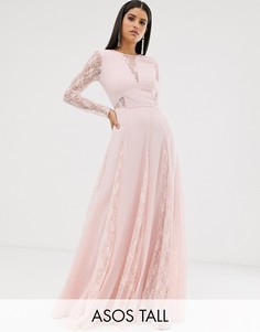 Платье макси с длинными рукавами и кружевной вставкой ASOS DESIGN Tall-Розовый
