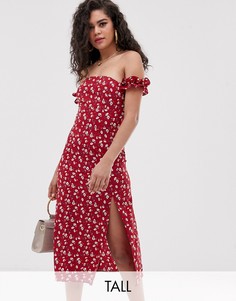 Платье миди с цветочным принтом и открытыми плечами Fashion Union Tall-Красный
