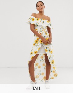 Платье макси с широким вырезом, оборками и принтом подсолнухов Influence Tall-Белый