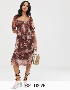 Платье миди с квадратным вырезом и принтом Vila-Коричневый