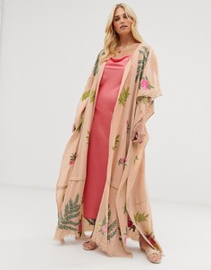 Льняное кимоно макси с цветочной вышивкой Aratta-Бежевый