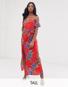 Платье макси с открытыми плечами и цветочным принтом Influence Tall-Красный