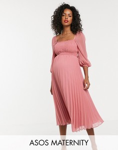 Присборенное платье миди с плиссировкой ASOS DESIGN Maternity-Розовый