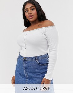 Лонгслив на пуговицах с широким вырезом и кружевной отделкой ASOS DESIGN Curve-Белый