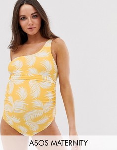 Желтый слитный купальник на одно плечо с пальмовым принтом ASOS DESIGN maternity-Мульти