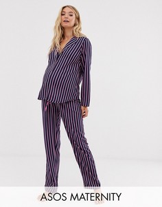 Пижамный комплект из рубашки и брюк в полоску из 100% модала ASOS DESIGN Maternity-Мульти