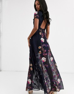Декорированное платье макси с вырезом на спине и короткими рукавами Frock & Frill-Темно-синий