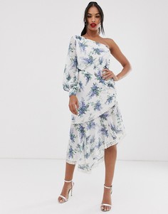 Платье миди на одно плечо с цветочным принтом и кружевными вставками ASOS DESIGN-Мульти
