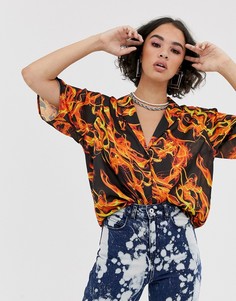 Атласная рубашка с короткими рукавами и принтом ASOS DESIGN-Мульти