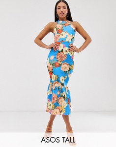 Облегающее платье халтер с цветочным принтом ASOS DESIGN Tall-Синий