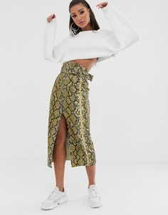 Юбка миди со змеиным принтом, разрезом и поясом ASOS DESIGN-Мульти