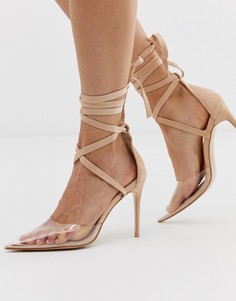 Бежевые туфли на каблуке с завязками и острым носком Public Desire Devote-Бежевый