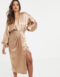Атласное платье миди с глубоким вырезом ASOS EDITION-Золотой