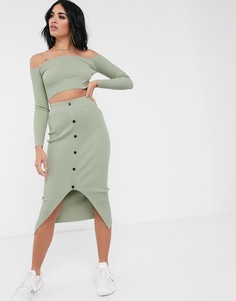 Зеленая трикотажная юбка миди от комплекта с контрастными пуговицами Missguided-Neutral