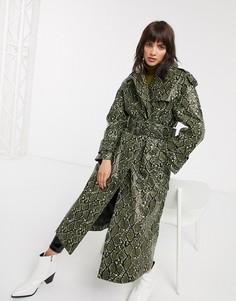 Тренч со змеиным рисунком и эффектным поясом ASOS DESIGN-Зеленый