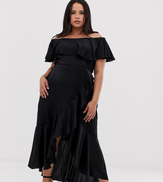 Черное атласное платье миди с открытыми плечами и оборками Flounce London Plus-Черный