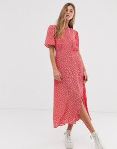Красное платье миди с цветочным принтом и разрезом New Look-Мульти