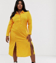 Платье-рубашка мидакси в горошек и с разрезами спереди Wednesdays Girl curve-Желтый