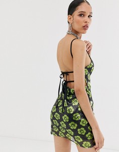 Платье-комбинация мини с гавайским цветочным рисунком и отделкой пайетками New Girl Order-Черный
