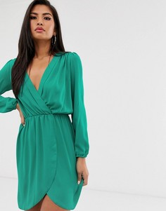 Платье с запахом и длинными рукавами Love-Зеленый
