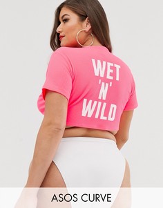 Трикотажный пляжный кроп-топ неоново-розового цвета с узлом ASOS DESIGN Curve wet n wild-Розовый
